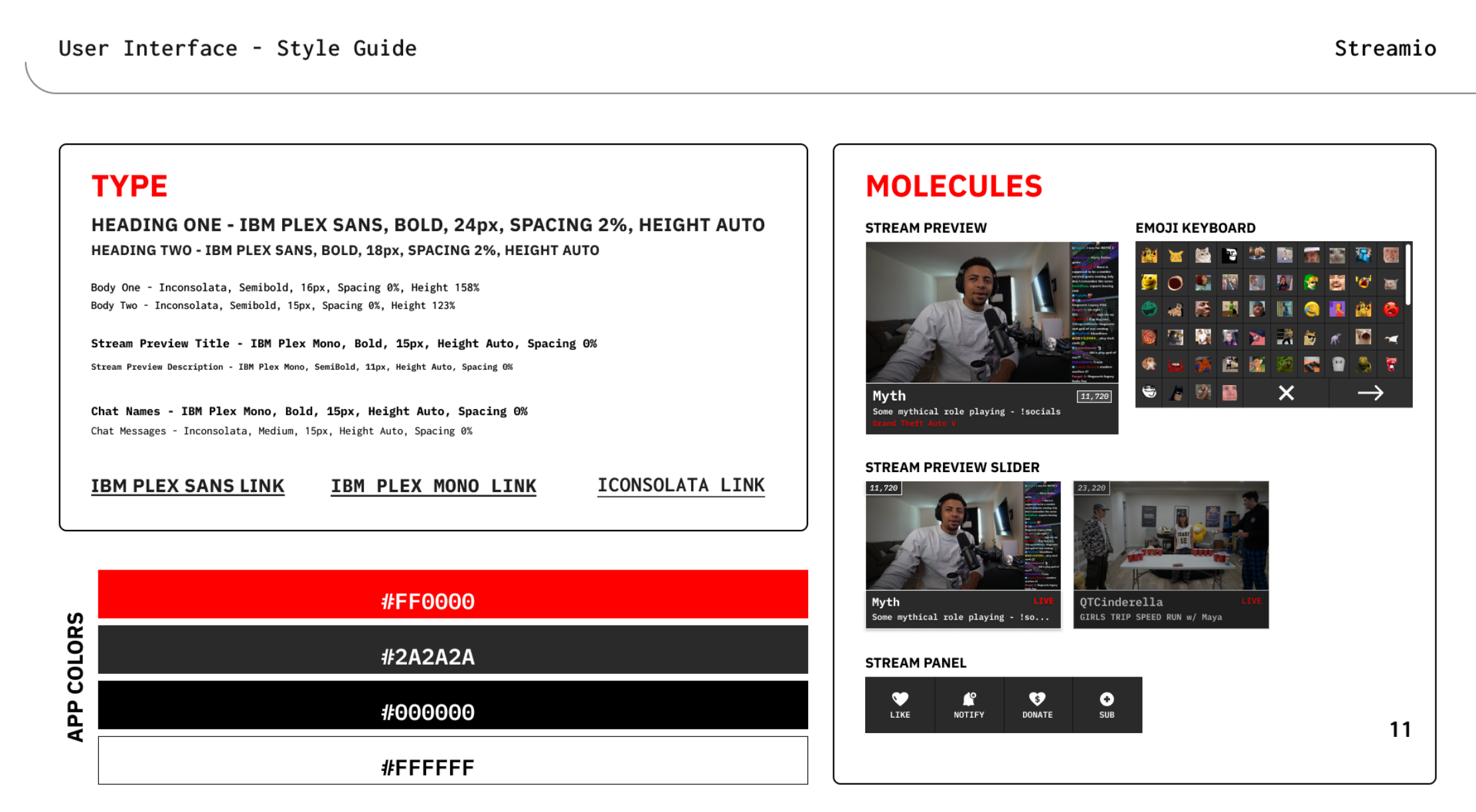 Type and color choices used in the Streamio App. Also shown, a collection of different app molecules.